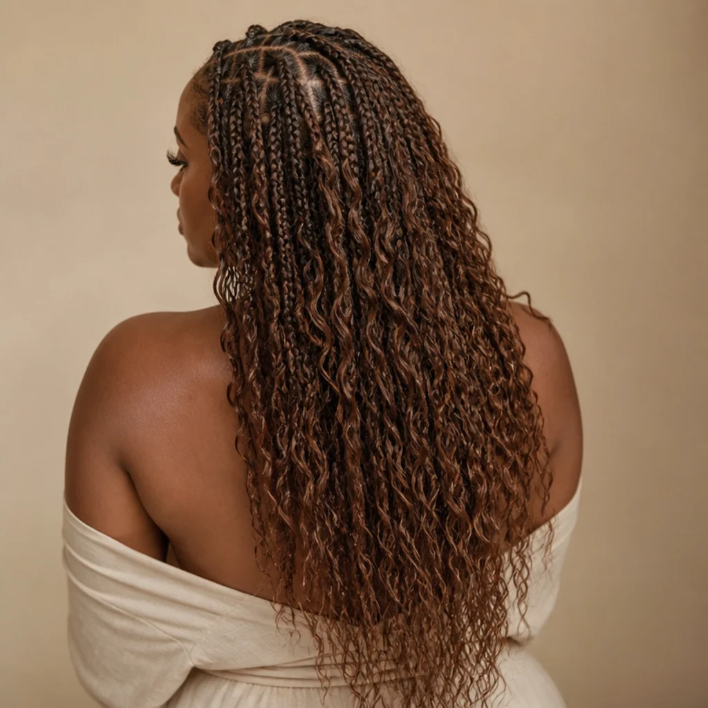 Black woman with boho butterfly locs featuring loose wavy water-curl texture in brown seen from the back, soft undefined S-waves flowing throughout