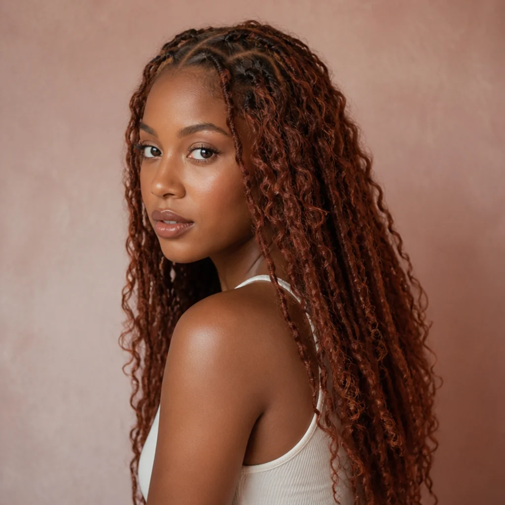 Black woman with auburn boho butterfly locs at mid-back length at a three-quarter side angle, warm reddish-brown tone glowing softly through the curly loops