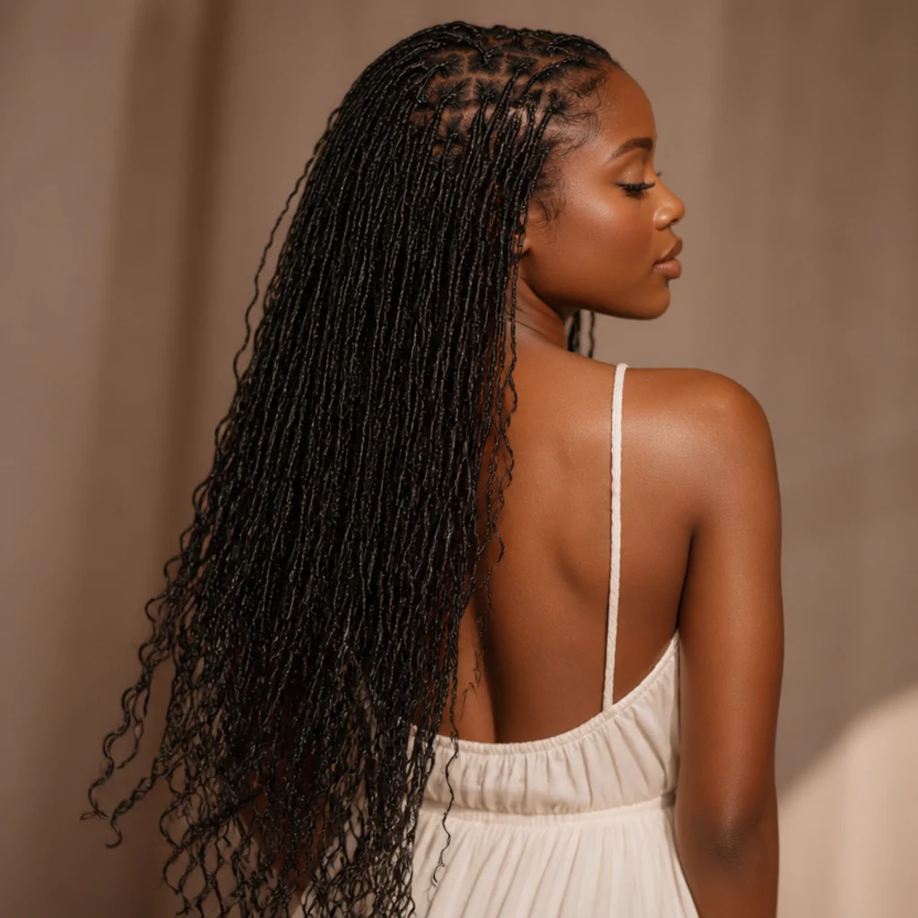 Black woman with thin micro boho butterfly locs at waist length seen from the back, many fine delicate strands with small intricate loops moving like natural hair