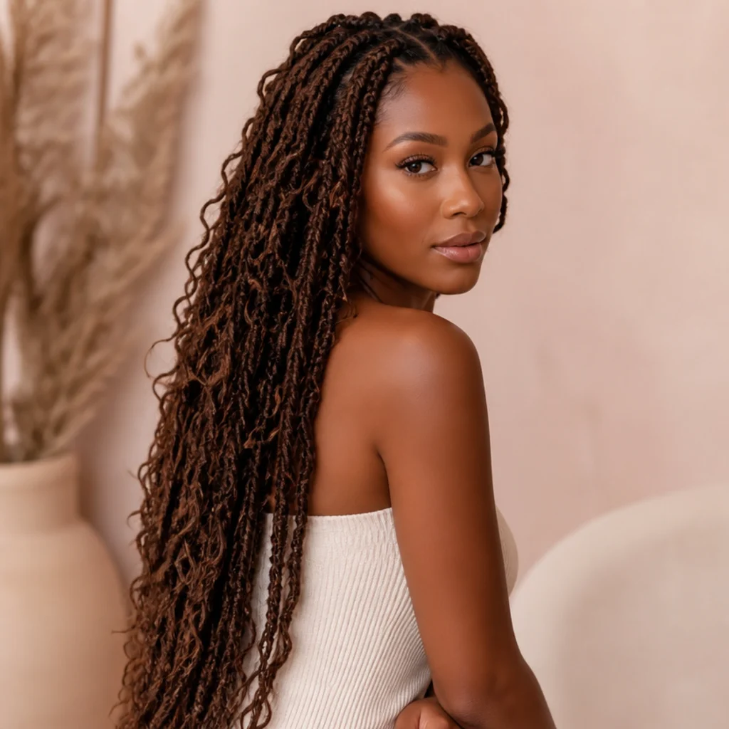 Black woman with waist-length boho butterfly locs in warm brown, shown from a three-quarter side angle with loose curly wisps