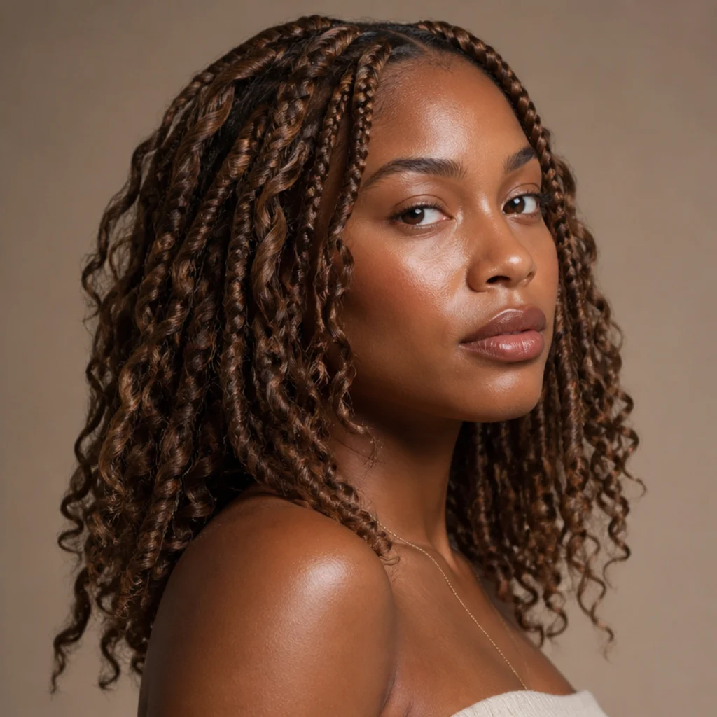 Three-quarter side view of medium chestnut brown boho butterfly locs with distressed loops and loose curly ends resting just past the shoulders in soft daylight