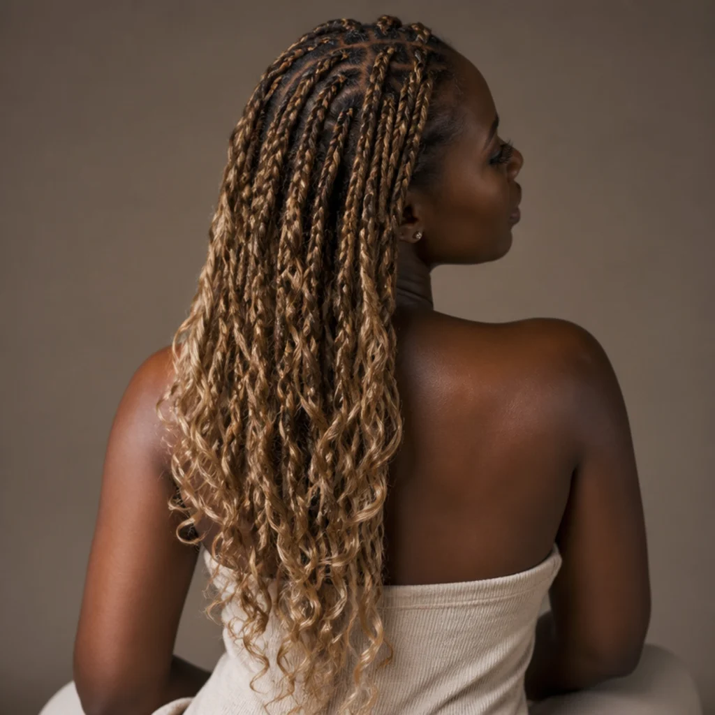 Back angle of honey blonde butterfly locs with loosely curled ends catching soft studio light against a taupe backdrop