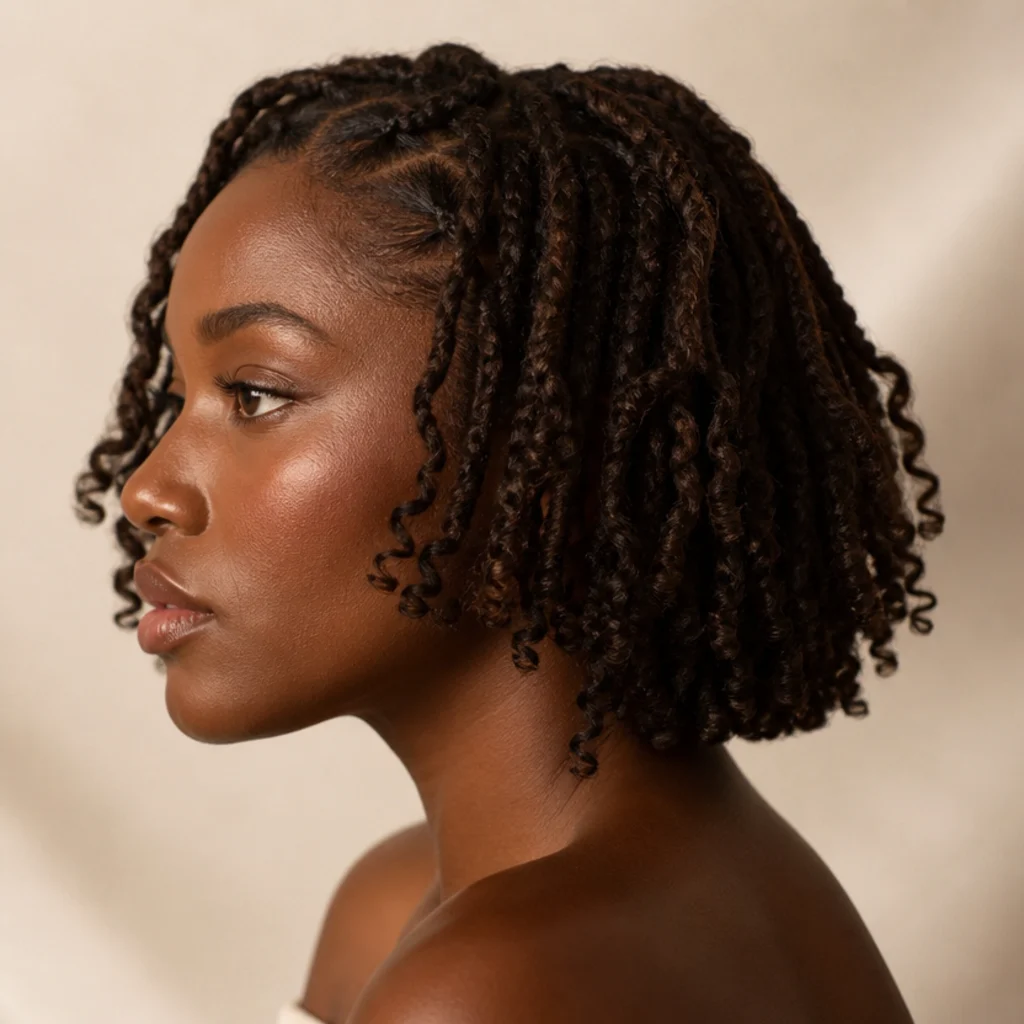 Side profile of short bob-length butterfly locs with tight curled ends framing the jaw on a model with deep skin