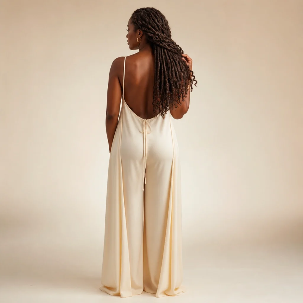 Full-length back view of waist-length butterfly locs ending in defined spiral curls against a warm ivory backdrop