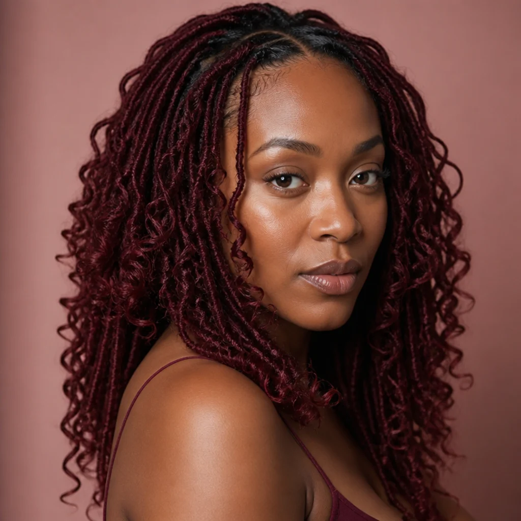 Three-quarter view of deep burgundy butterfly locs with curled tips glowing under soft diffused light