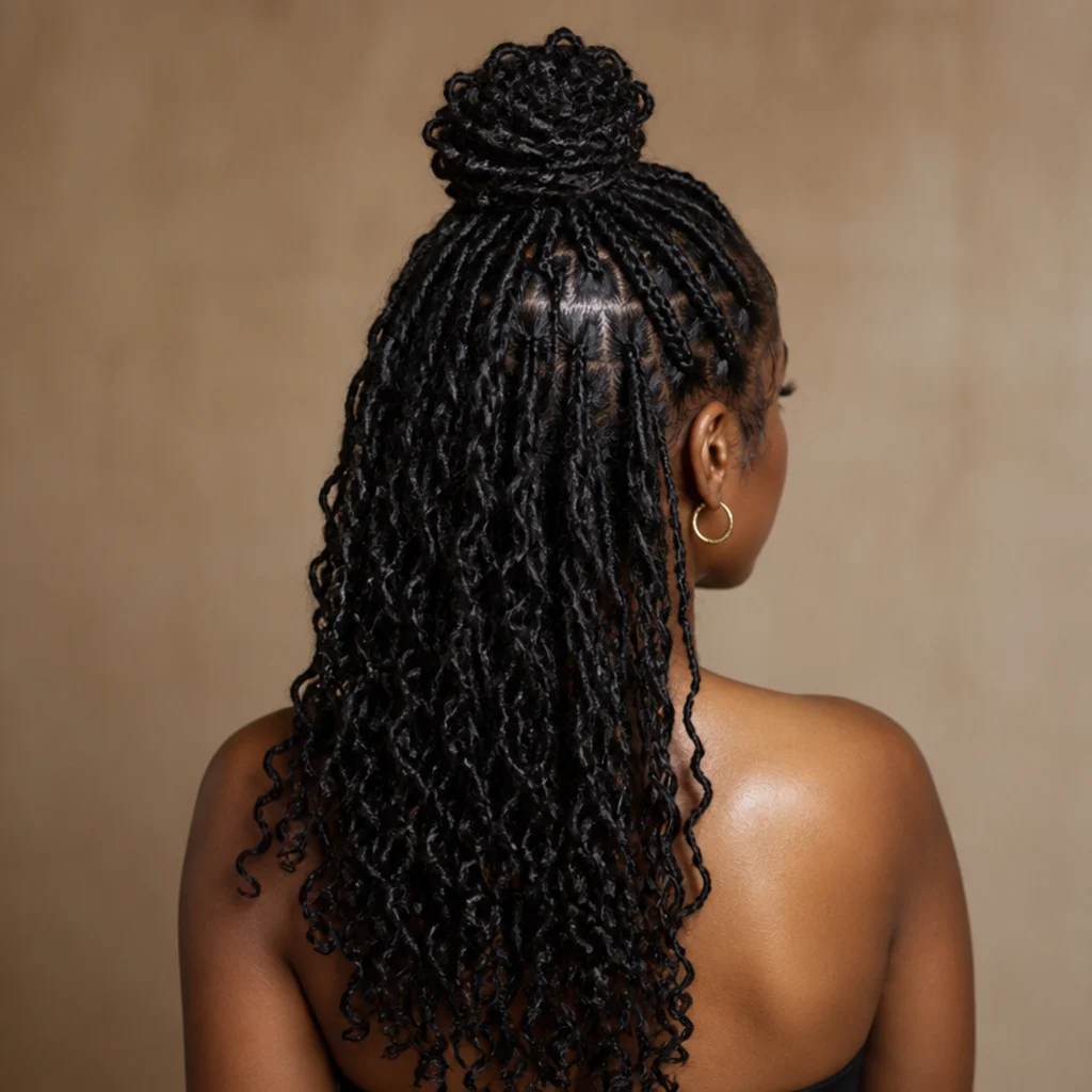 Model facing away wearing half-up butterfly locs gathered into a topknot with curled ends left loose down the back