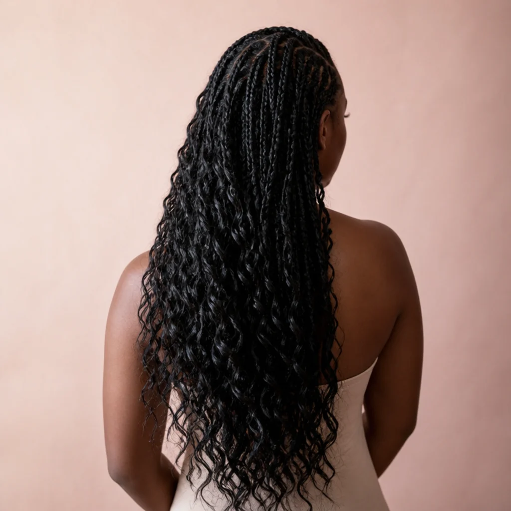 Back view of glossy jet black butterfly locs finishing in soft loose waves against a muted blush background