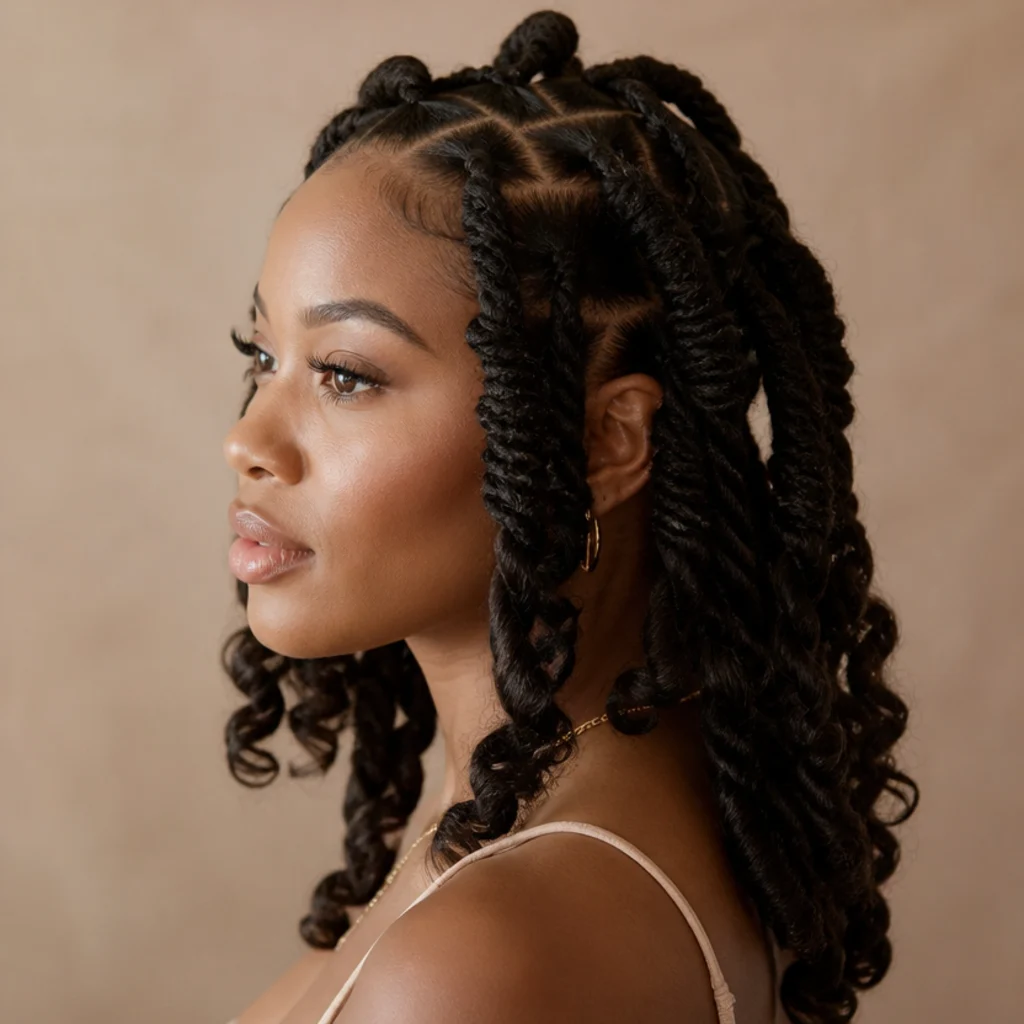 Side view of thick chunky butterfly locs with loose curls and prominent distressed loops on a model with medium skin