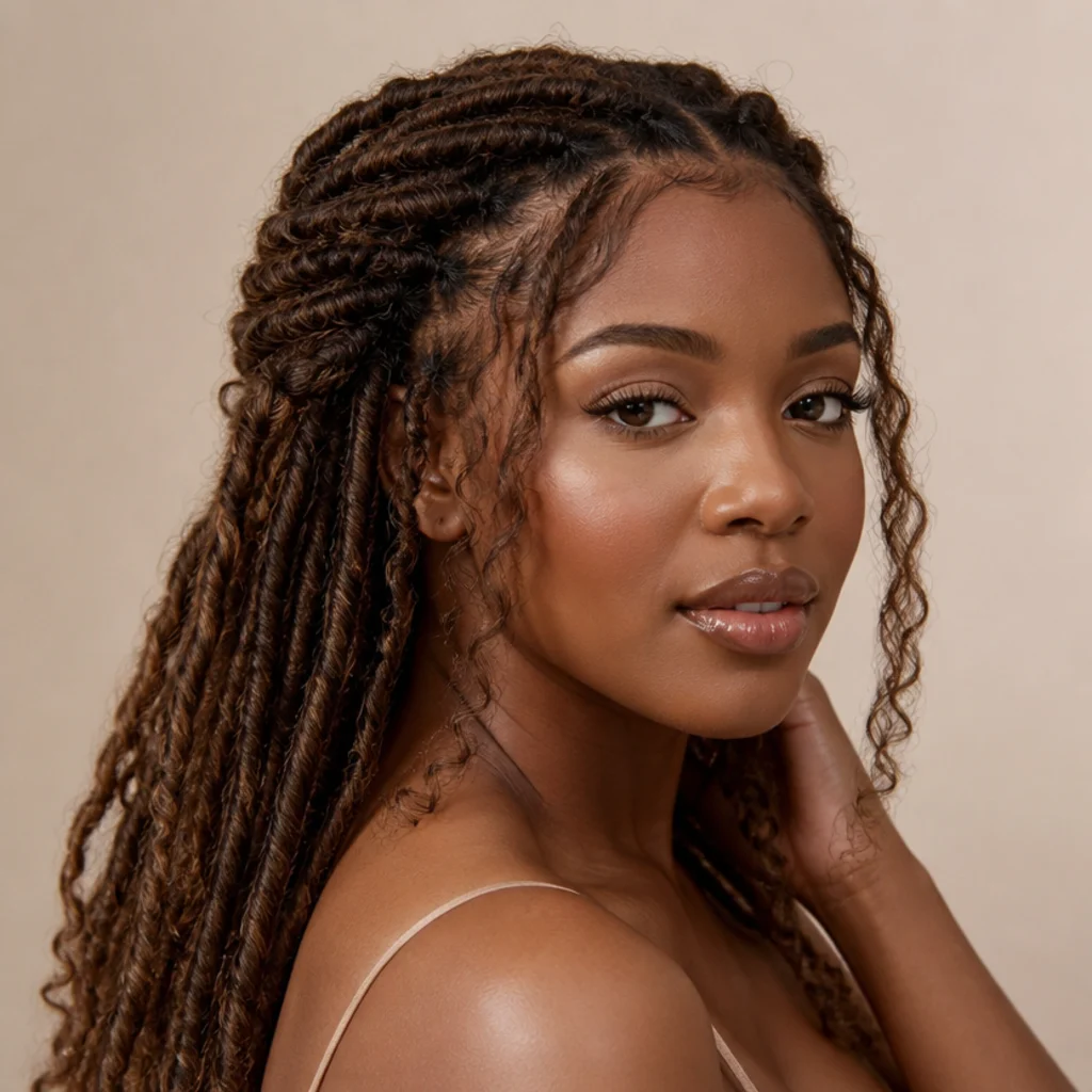 Front three-quarter view of butterfly locs with loose curly pieces left out to frame the cheekbones and jaw