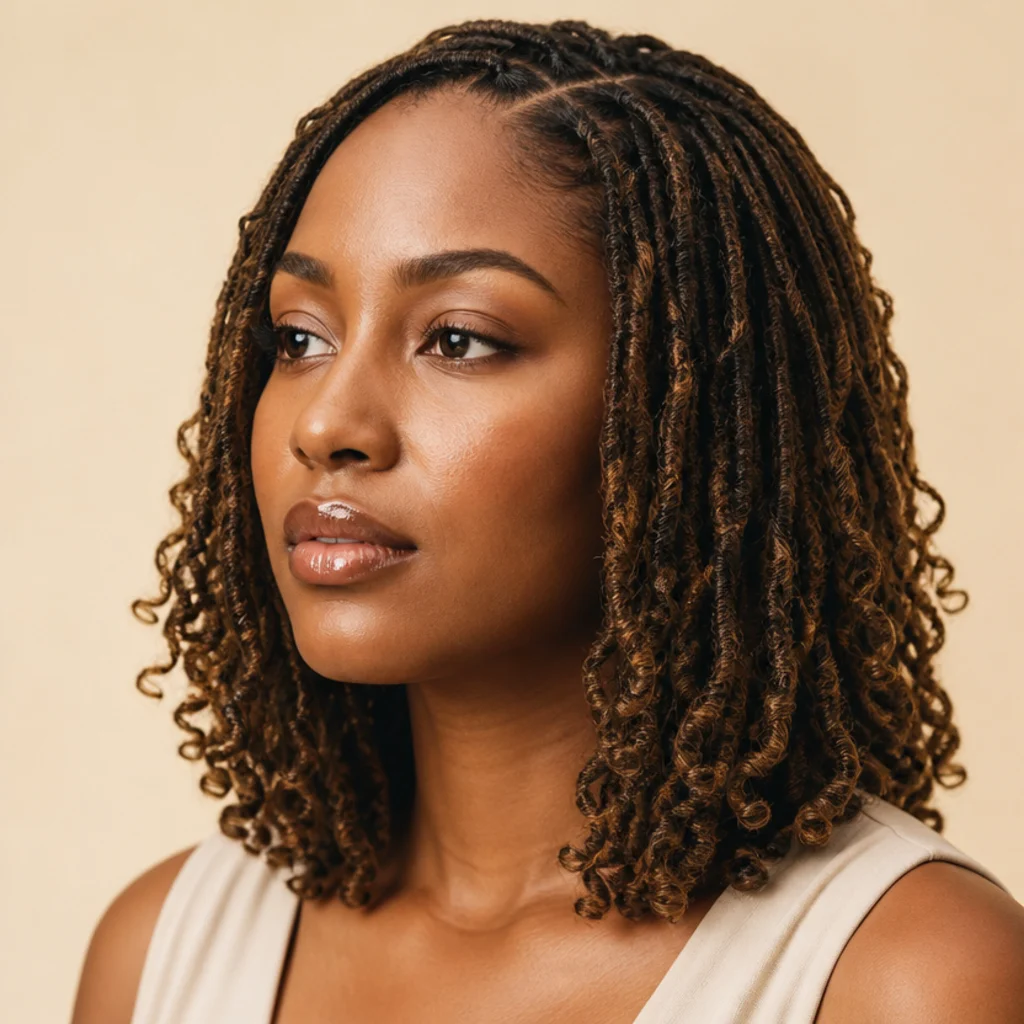 Three-quarter view of shoulder-length butterfly locs with bouncy curled ends on a model with warm skin