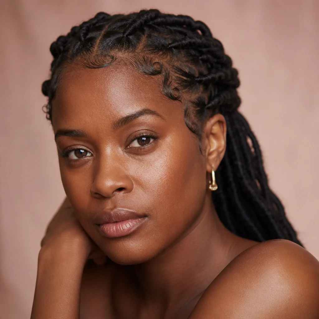 Front view of butterfly locs pulled back with laid edges and softly curled baby hairs framing the forehead