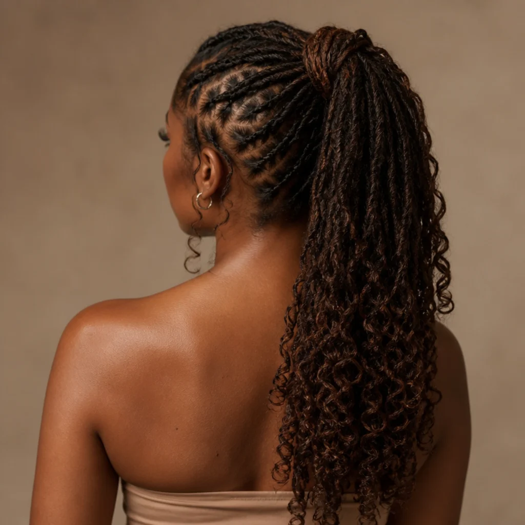 Back view of butterfly locs gathered into a high ponytail with curled ends cascading down