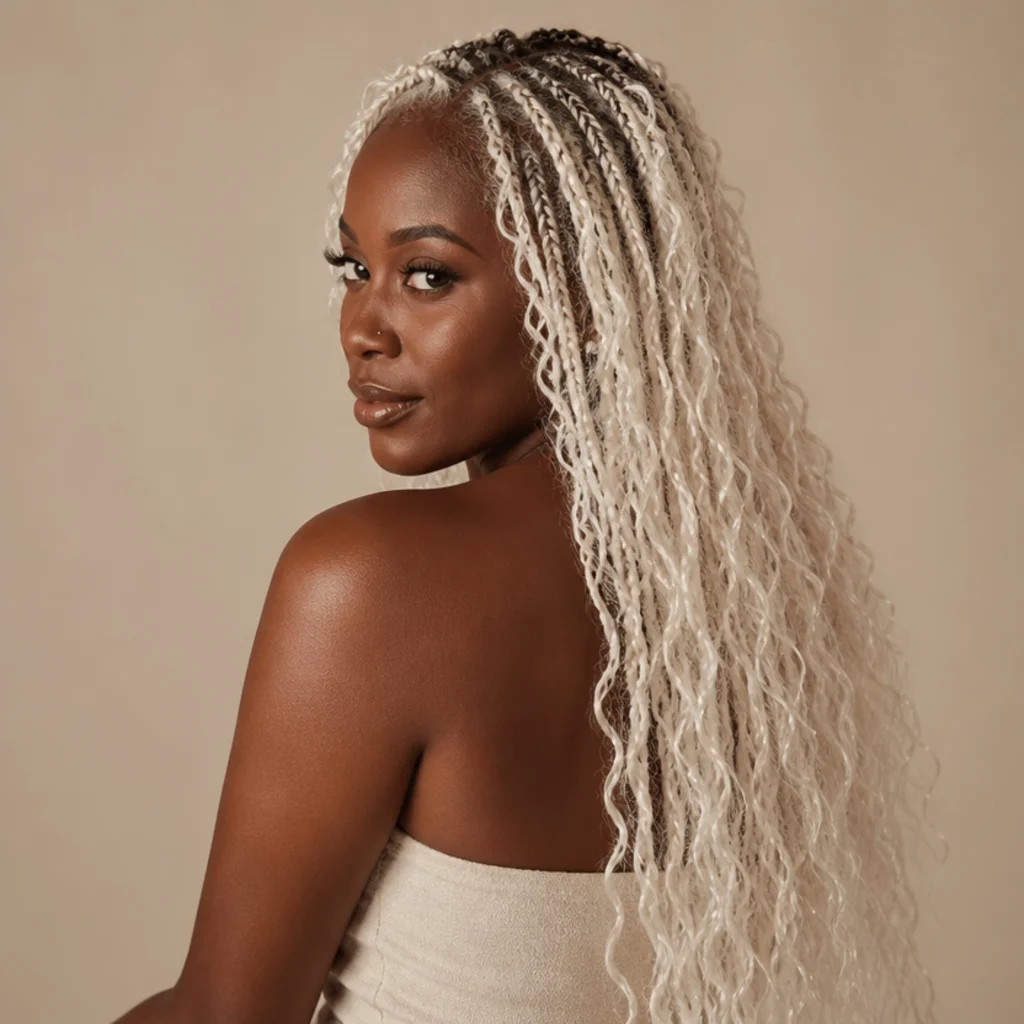 Three-quarter back angle of icy platinum blonde butterfly locs with curled ends against an ivory backdrop