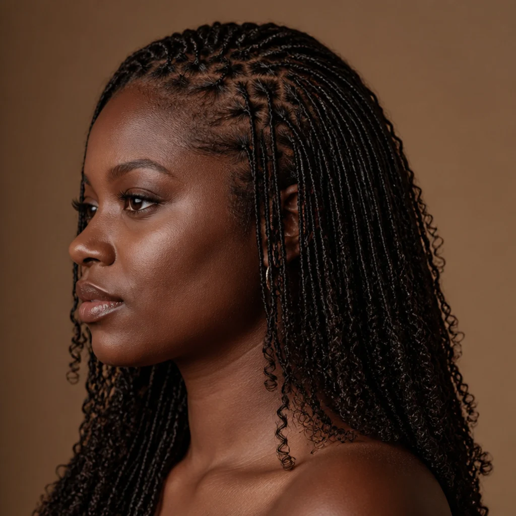 Side view of many thin butterfly locs finishing in small tight curls on a model with deep skin