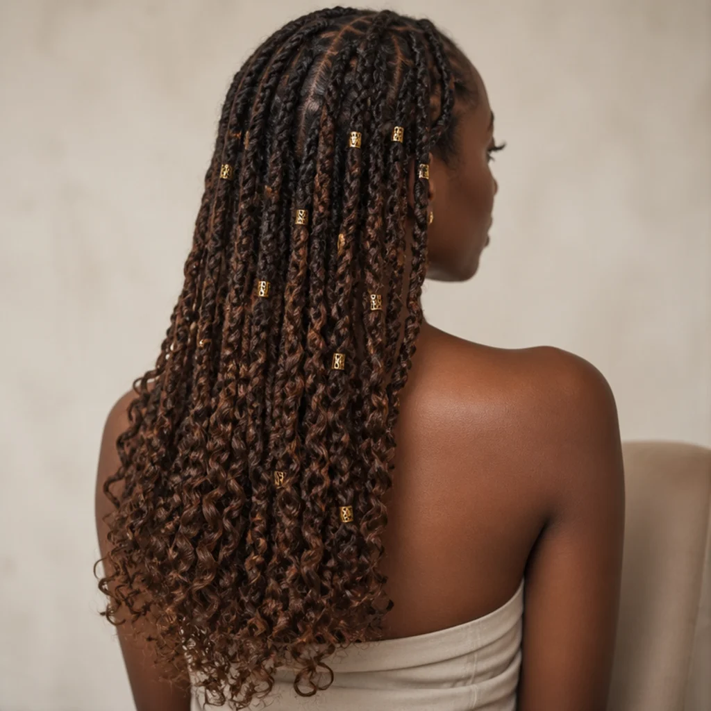 Back angle of butterfly locs decorated with gold cuffs and beads finishing in loose curled ends