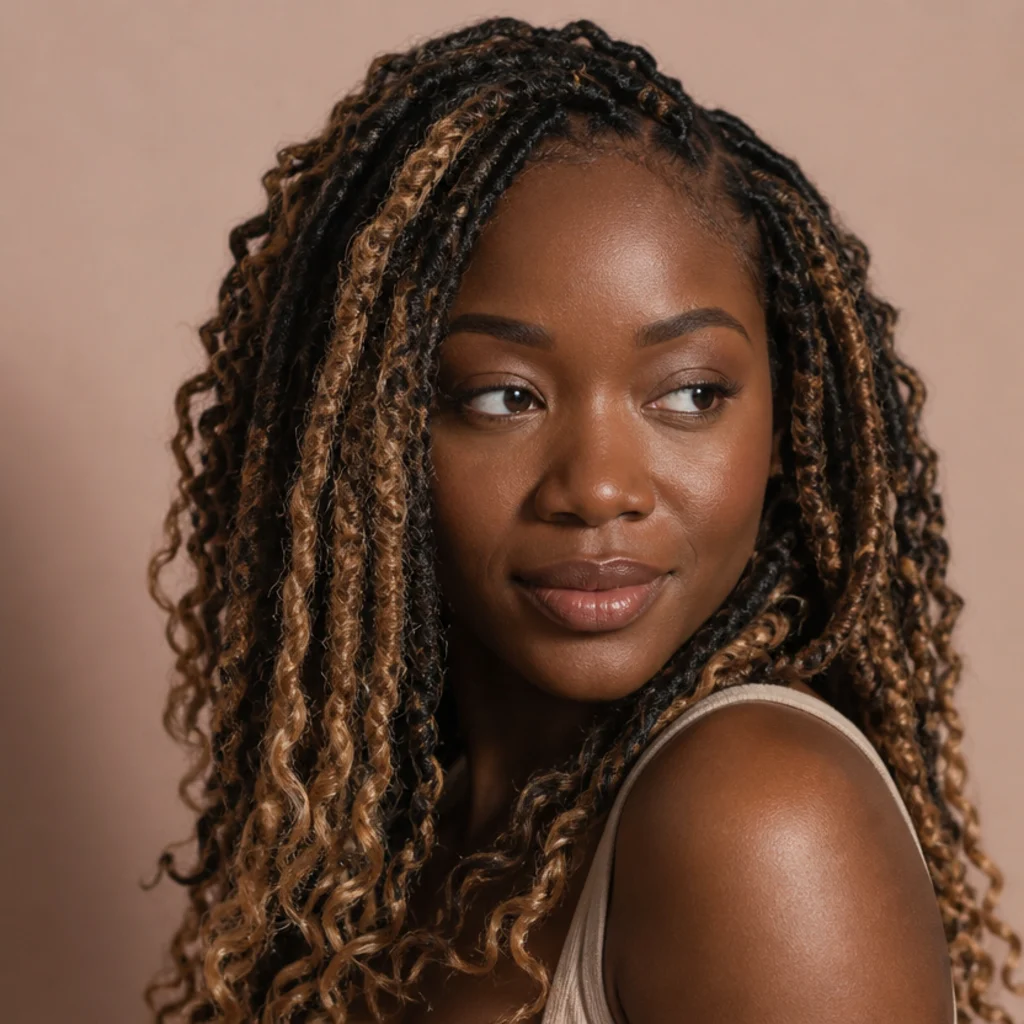 Three-quarter view of two-tone butterfly locs blending black and honey blonde with curled ends