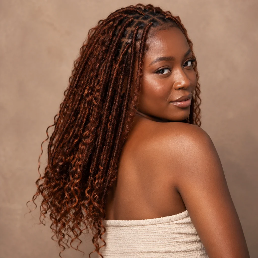 Three-quarter back angle of auburn butterfly locs finishing in relaxed beachy curls under soft light