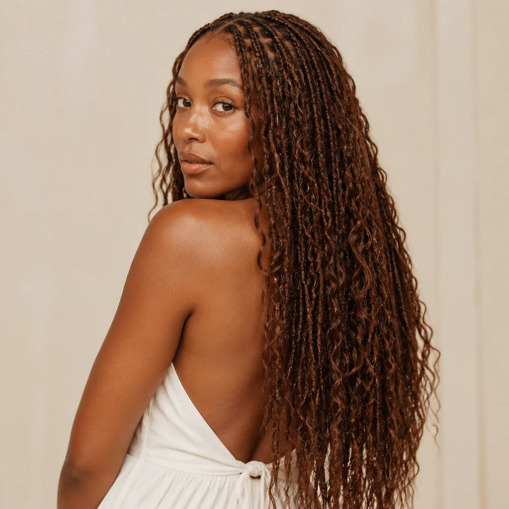 Black woman shown from a three-quarter back angle wearing waist-length butterfly locs with soft curled ends and a distressed boho texture