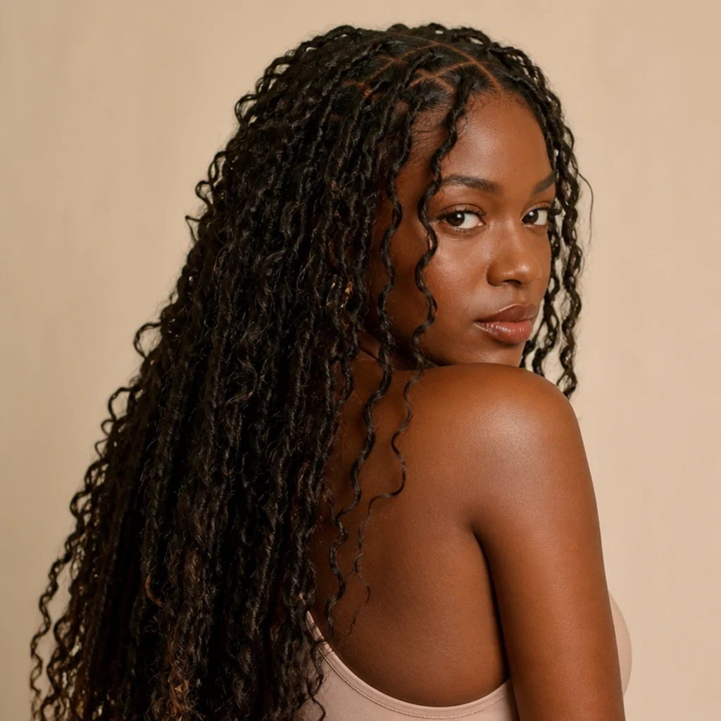 Black woman shown from a three-quarter back angle wearing long distressed butterfly locs with soft looped texture against a warm ivory background