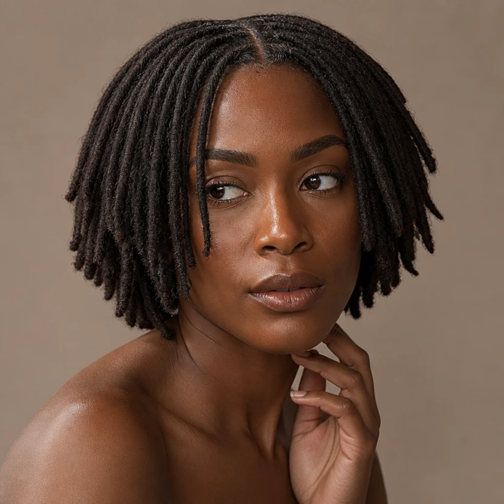 Black woman with a chin-length distressed butterfly locs bob shown from a three-quarter side angle with softly graduated ends