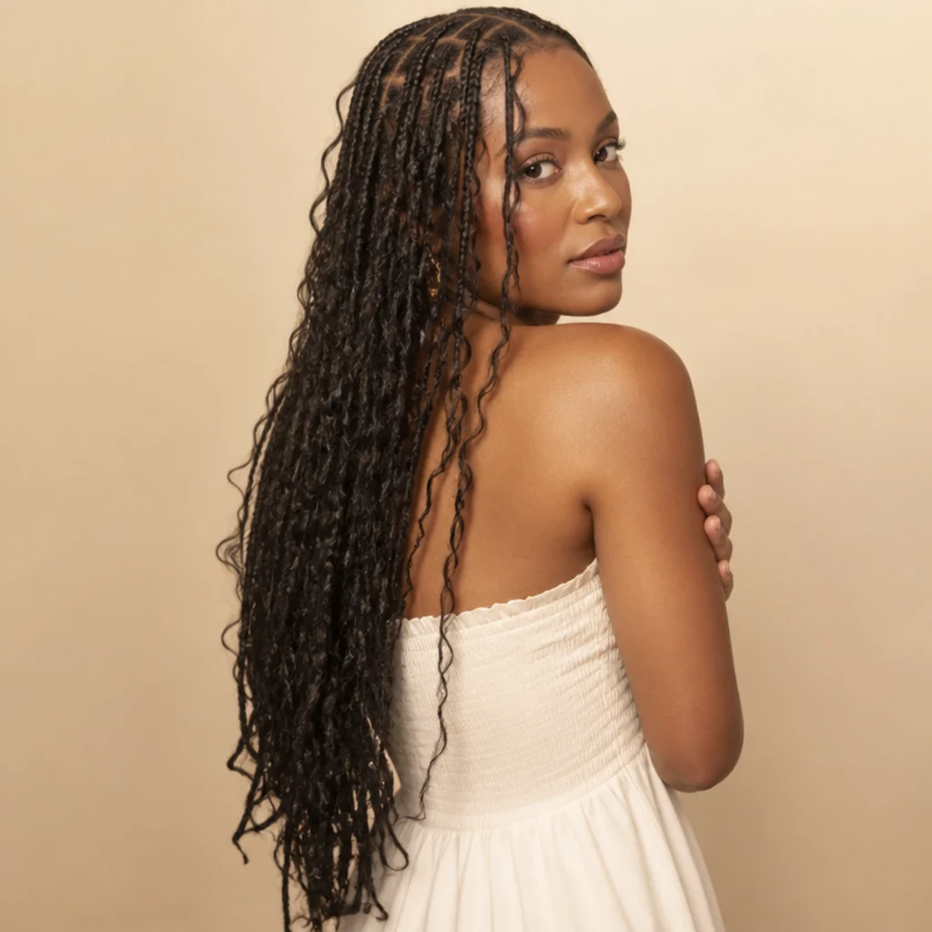 Black woman with waist-grazing long butterfly locs shown from a three-quarter back angle highlighting the distressed looped texture