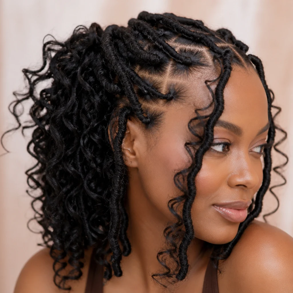Close three-quarter view of butterfly faux locs on a Black woman showing the wrapped braided base and intentionally loosened loops