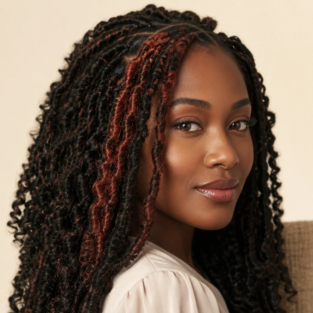Black woman with butterfly locs featuring tinted color panels framing the face at a three-quarter angle catching the light