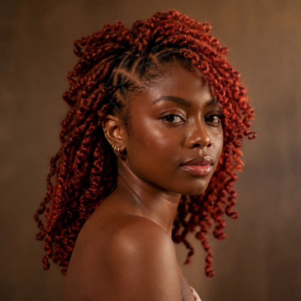 Black woman with rich red butterfly locs shown from a three-quarter side angle against a warm background