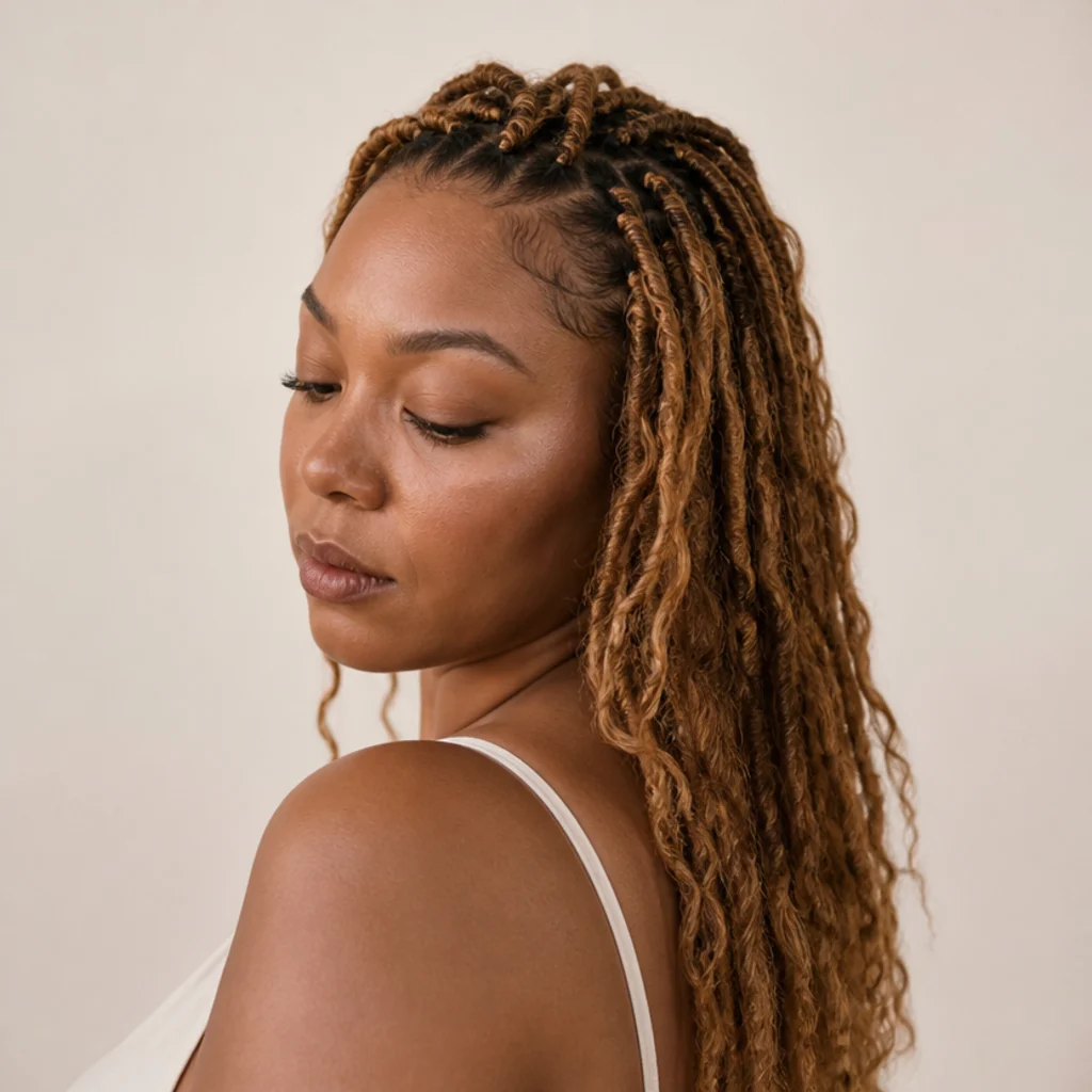 Black woman with honey blonde butterfly locs and slightly deeper roots shown at a three-quarter side angle