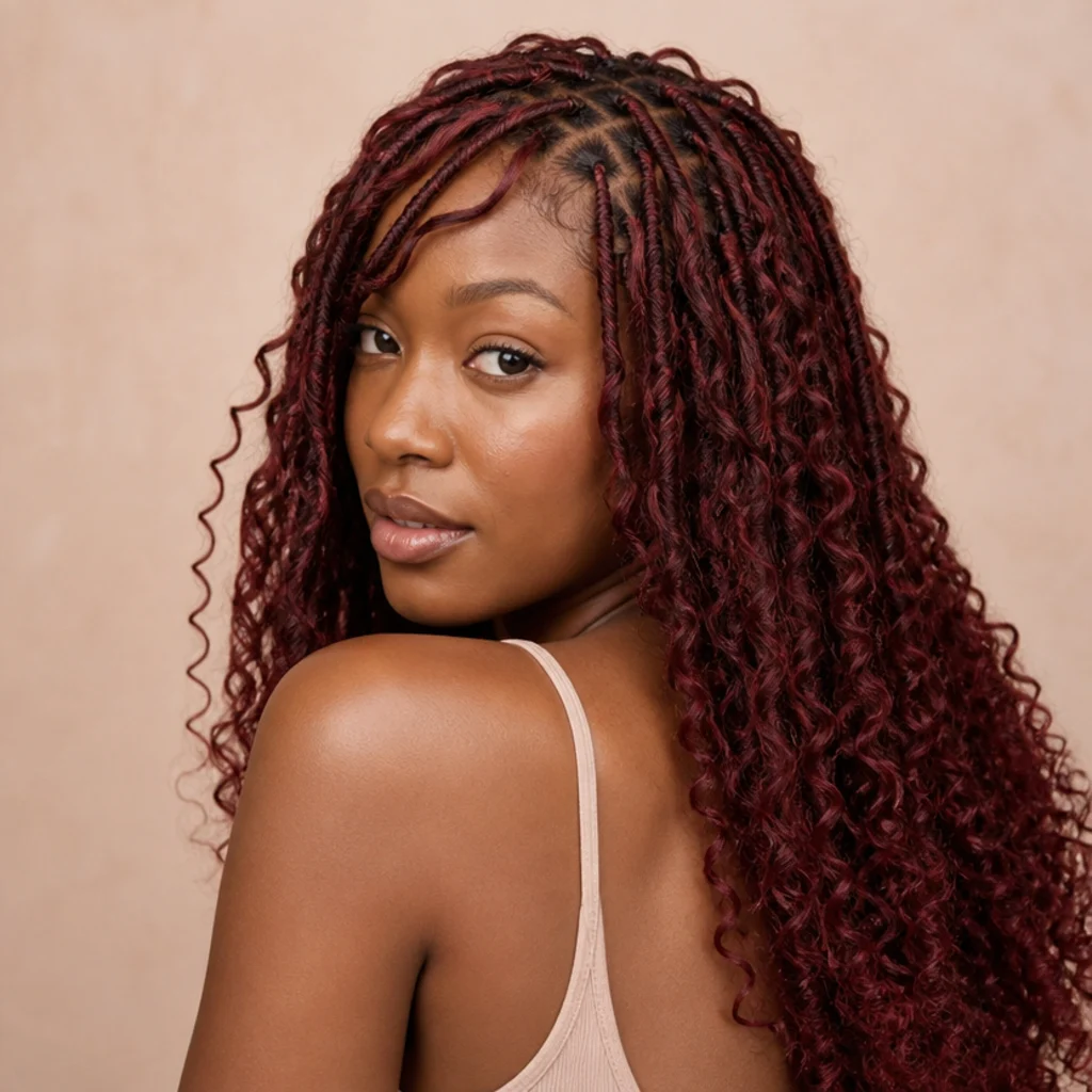 Black woman with deep wine-toned burgundy butterfly locs shown from a three-quarter back angle