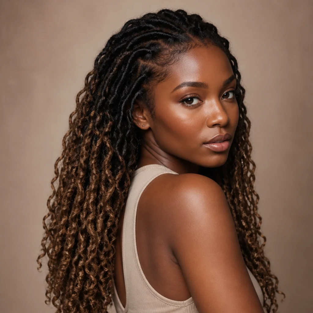 Black woman with black-to-caramel ombre butterfly locs showing a soft diffused gradient at a three-quarter side angle