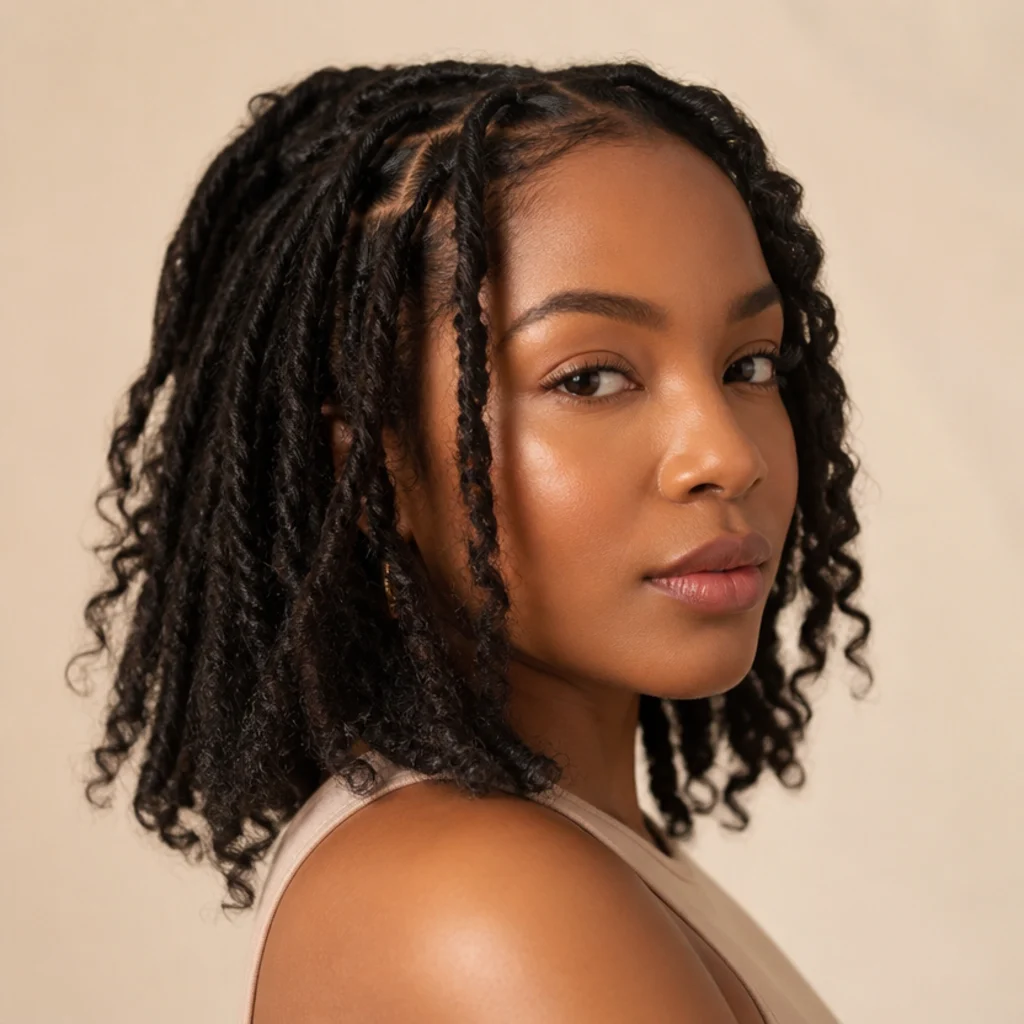 Black woman with shoulder-length butterfly locs and soft tapered ends shown at a three-quarter side angle