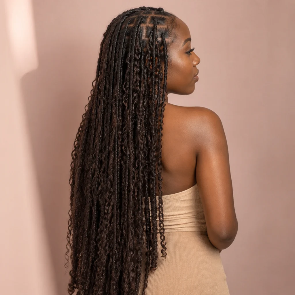 Black woman with dramatic waist-length butterfly locs shown from a three-quarter back angle
