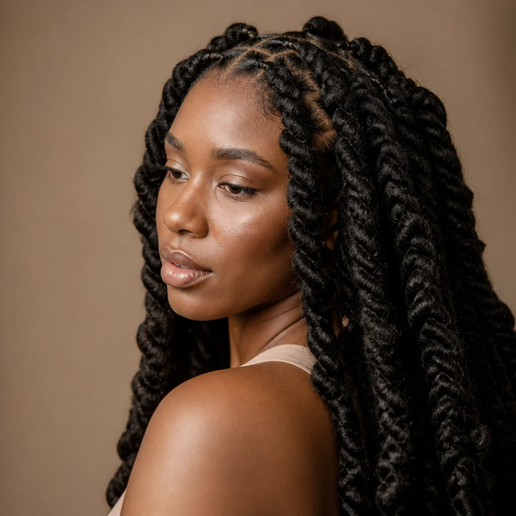 Black woman with chunky jumbo butterfly locs and clean even partings shown at a three-quarter side angle