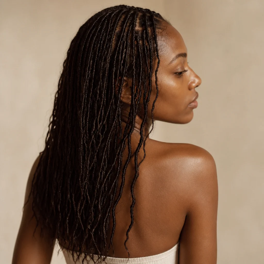 Black woman with dense fine micro butterfly locs showing delicate rippled texture from a three-quarter back angle