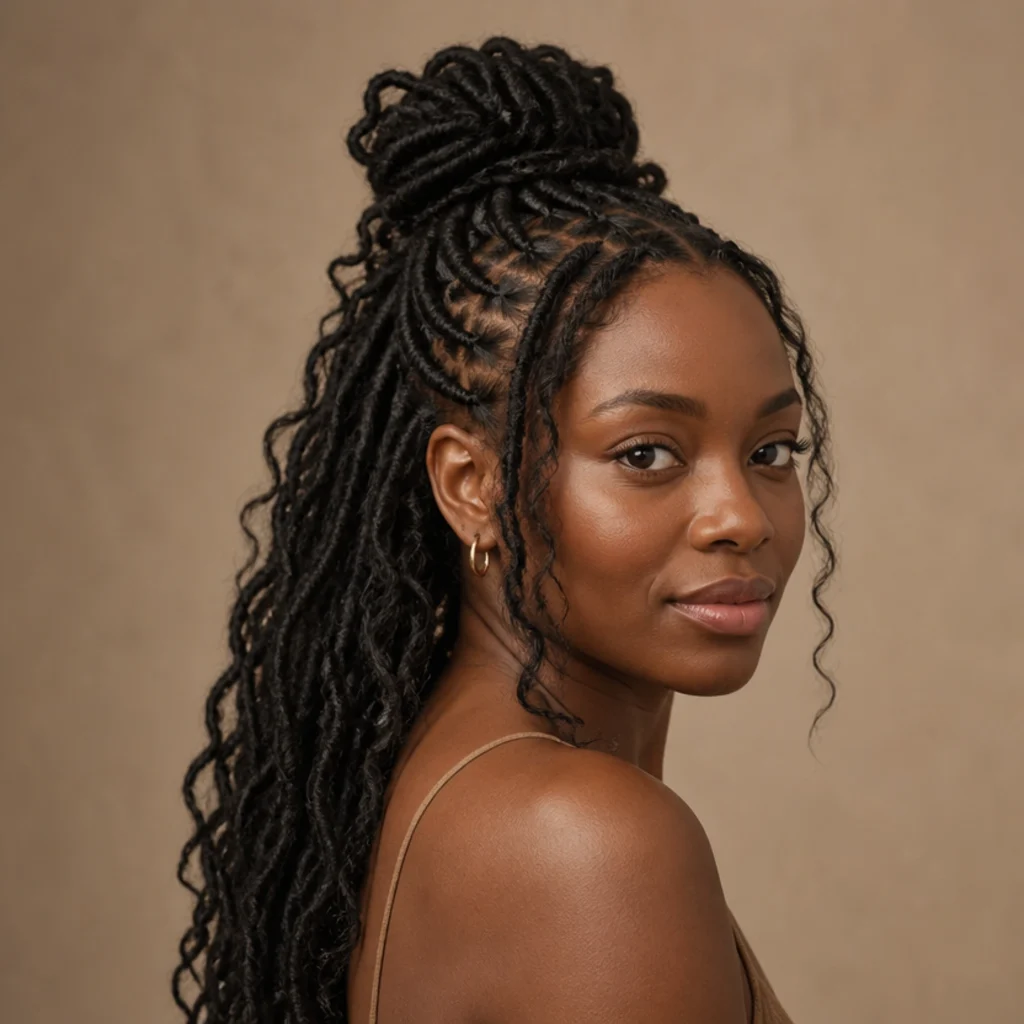 Black woman wearing a half-up half-down butterfly locs style with a gathered crown shown at a three-quarter angle