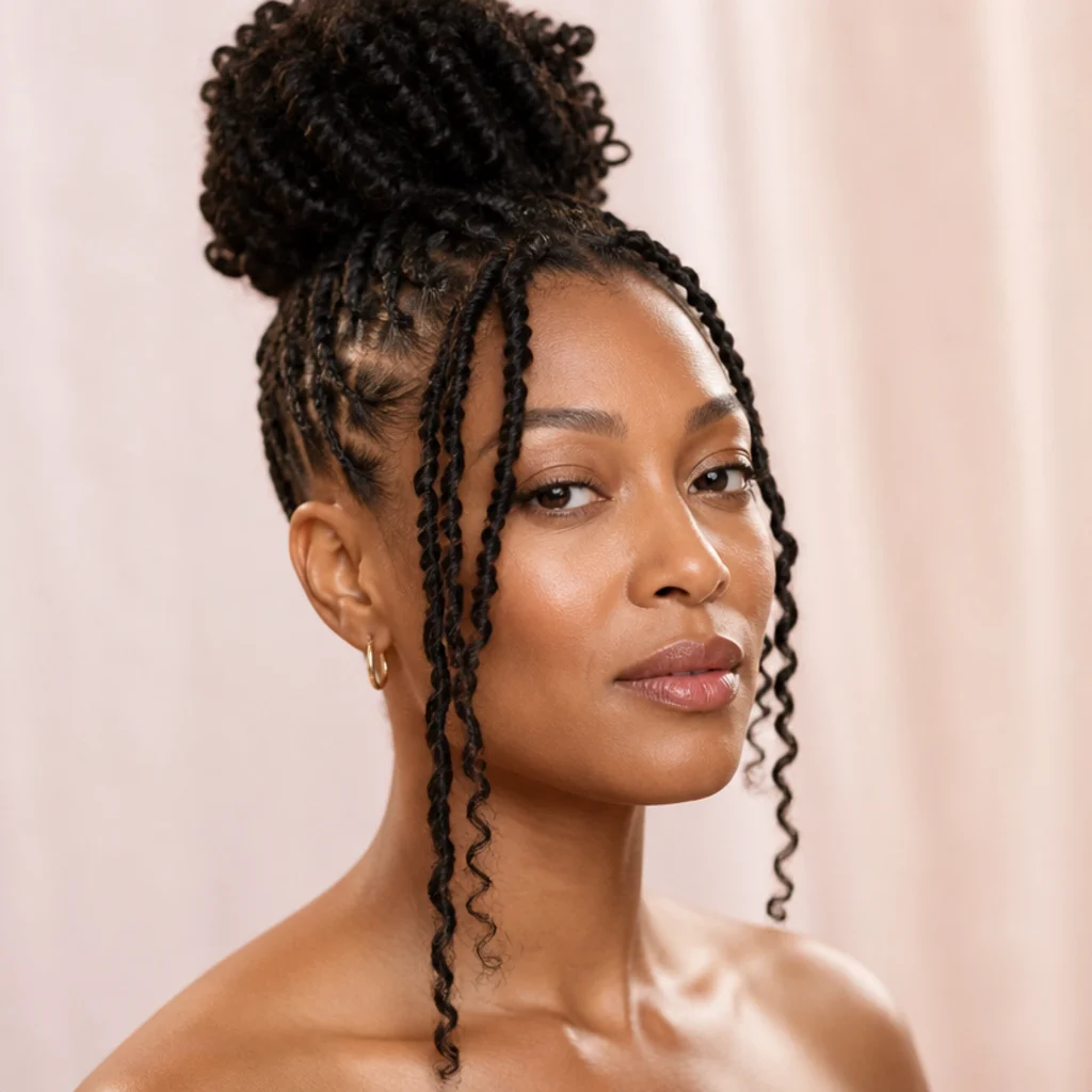 Black woman with butterfly locs styled into a sculptural high bun with a few face-framing locs left down