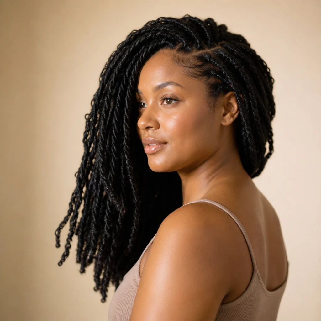 Black woman with butterfly locs swept elegantly over one shoulder with a deep side part