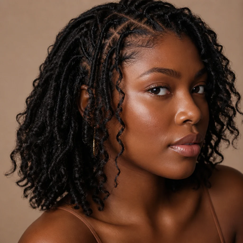 Close view of butterfly locs with soft curly unwrapped ends on a Black woman at a three-quarter angle