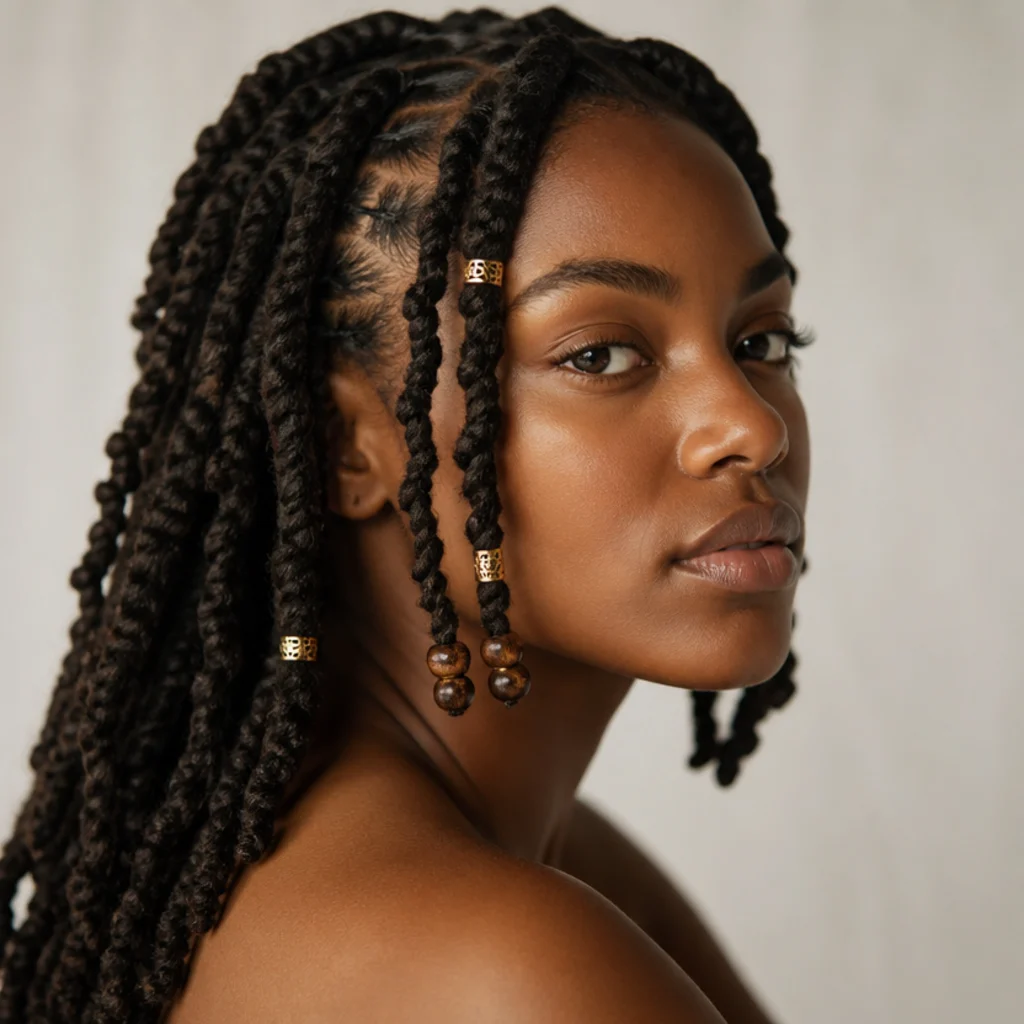 Black woman with butterfly locs adorned with gold cuffs and wooden beads near the face at a three-quarter angle