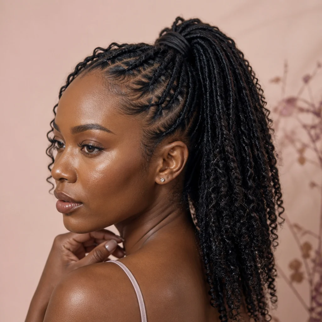 Black woman with butterfly locs gathered into a sleek high ponytail with a wrapped base at a three-quarter angle