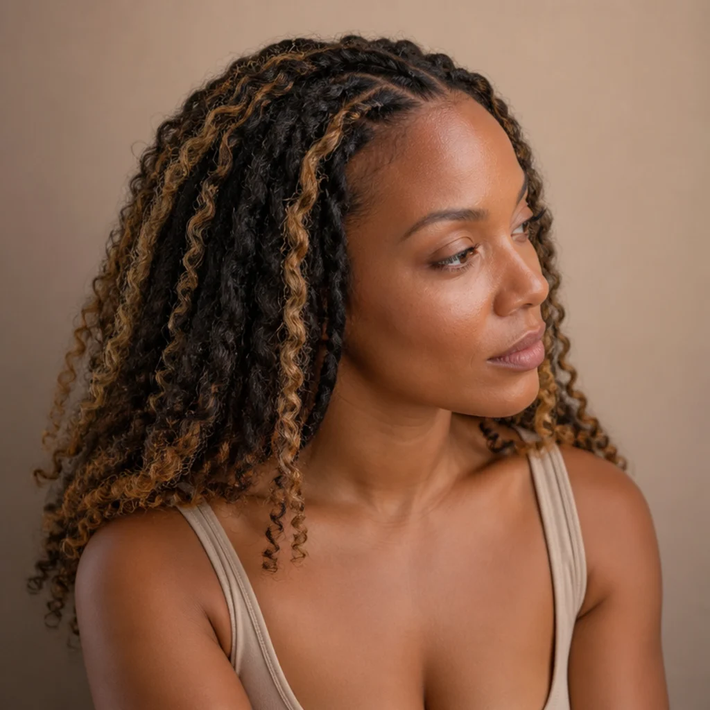 Black woman with dark brown butterfly locs woven with caramel highlights at a three-quarter side angle