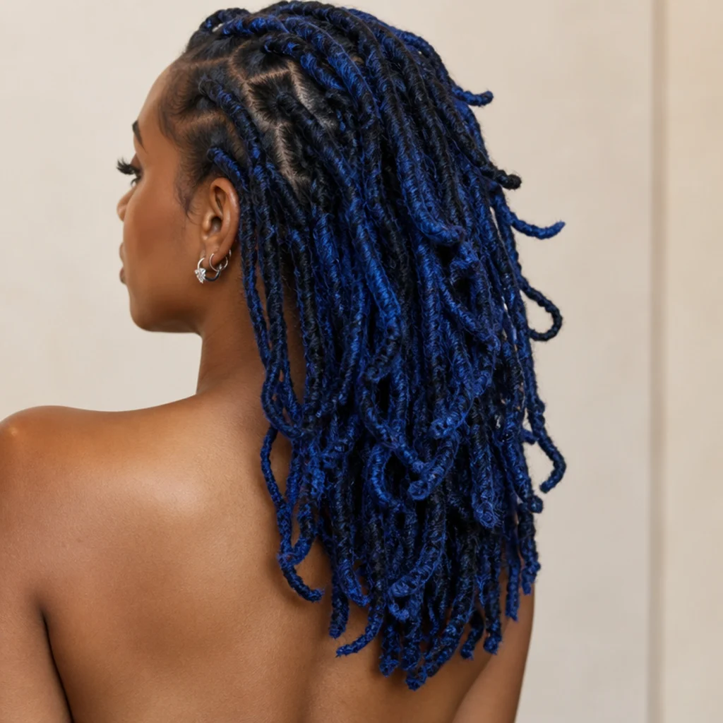 Black woman with midnight and cobalt blue butterfly locs shown from a three-quarter back angle