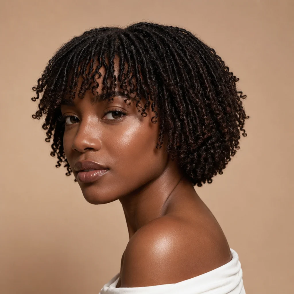 Black woman with a short butterfly locs bob and a soft brow-grazing fringe at a three-quarter angle