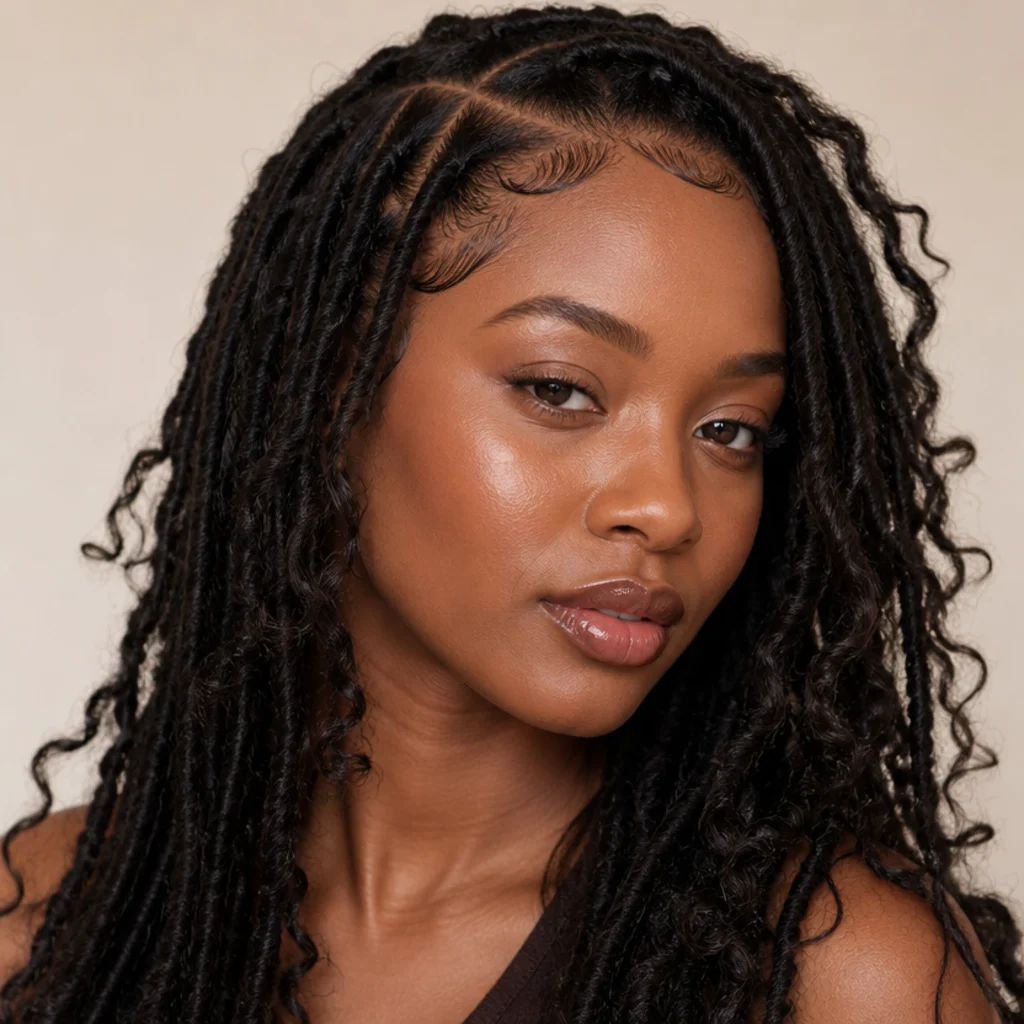 Black woman with butterfly locs and sleek defined baby-hair edges at a three-quarter front angle