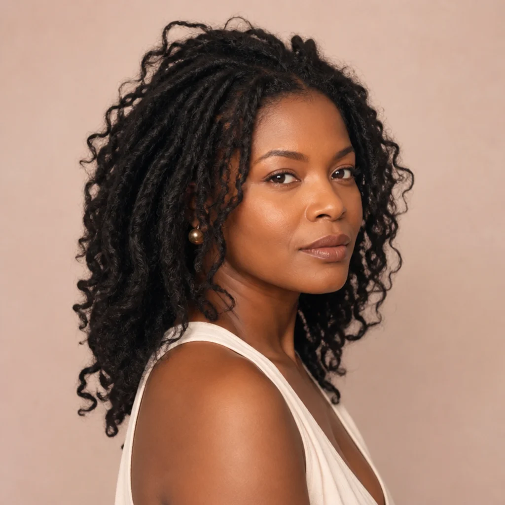 Black woman with heavily distressed chunky butterfly locs with airy freeform loops at a three-quarter angle