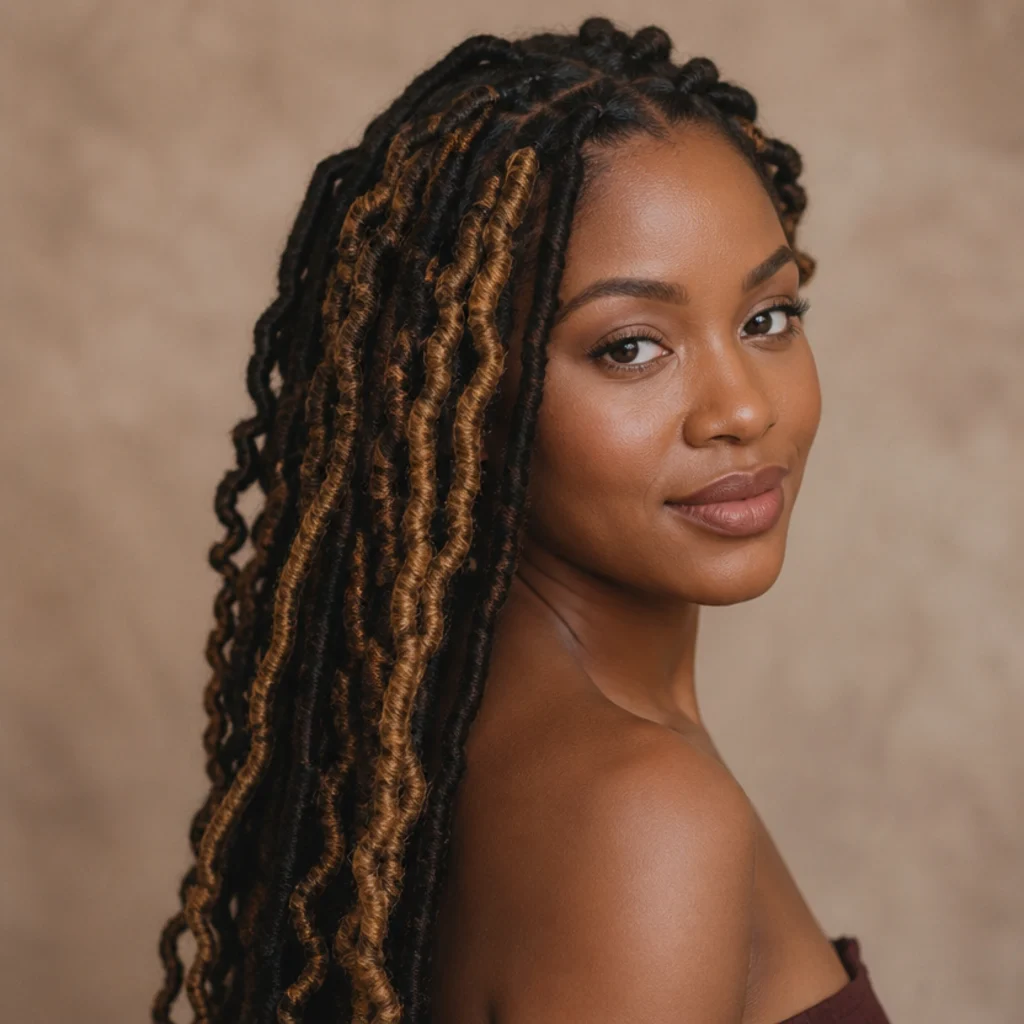 Black woman with two-tone black and honey butterfly locs evenly mixed at a three-quarter side angle