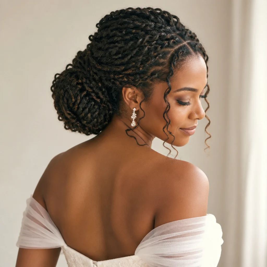 Black woman with long butterfly locs sculpted into an elegant low chignon updo with loose face-framing locs