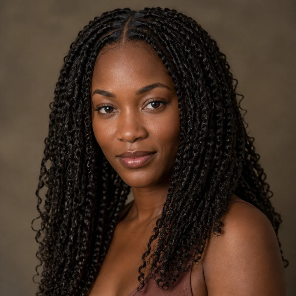 Black woman with butterfly locs parted in a clean straight center part with even density at a front angle