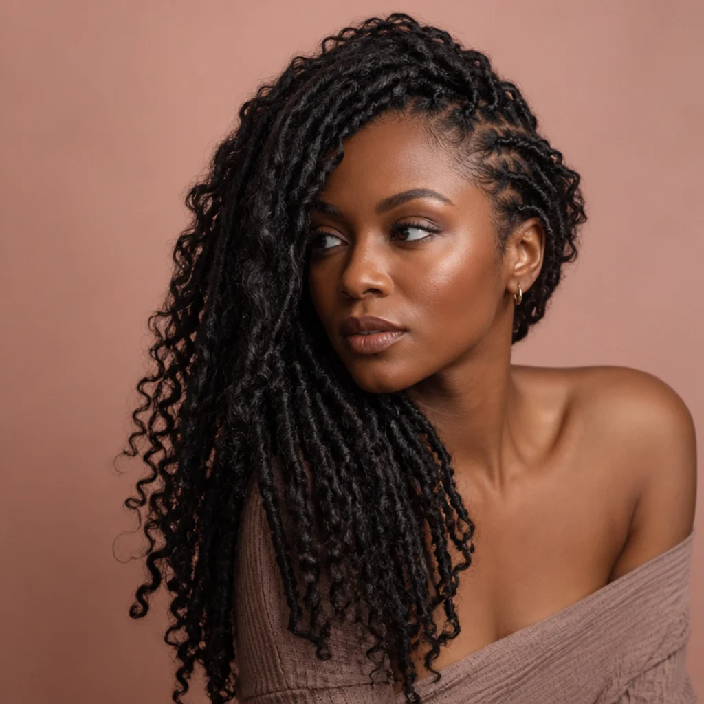 Black woman with butterfly locs on a deep side part creating volume on one side at a three-quarter angle